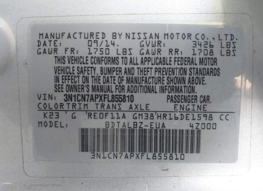 Photo 9 of 2015 Nissan Versa 1.6 SV (VIN 3N1CN7APXFL855810)