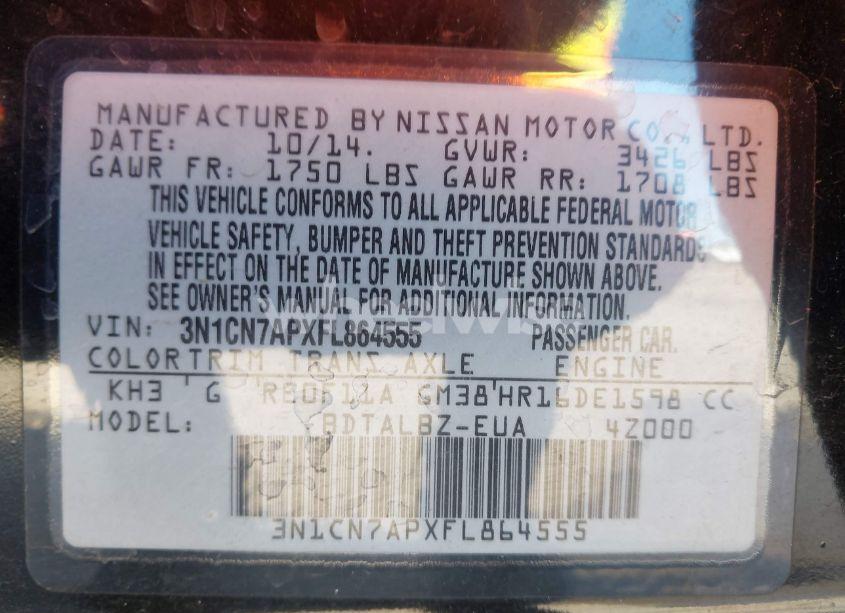 Photo 9 of 2015 Nissan Versa 1.6 SV (VIN 3N1CN7APXFL864555)