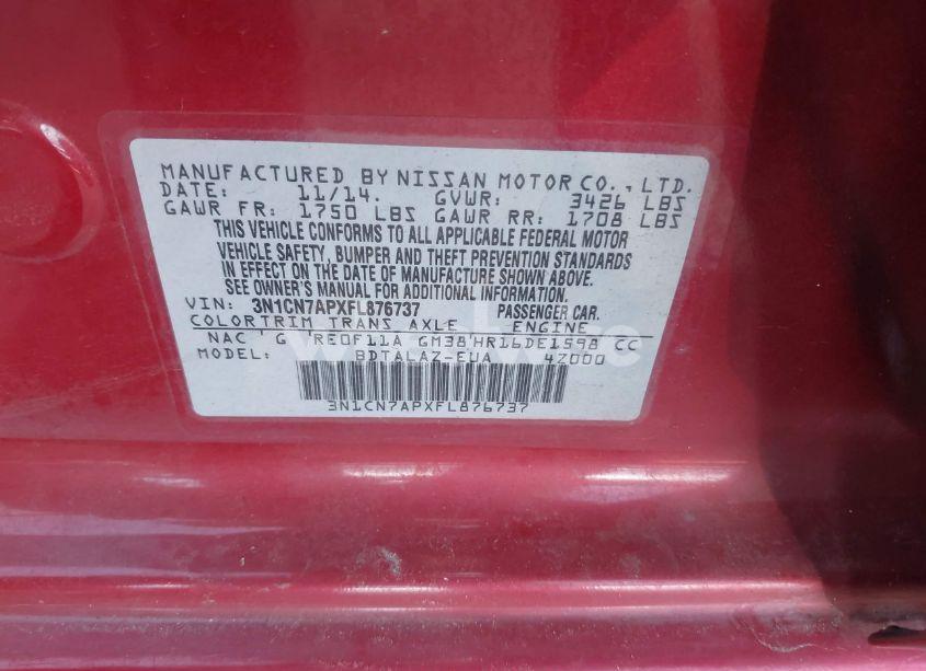 Photo 9 of 2015 Nissan Versa 1.6 S+ (VIN 3N1CN7APXFL876737)