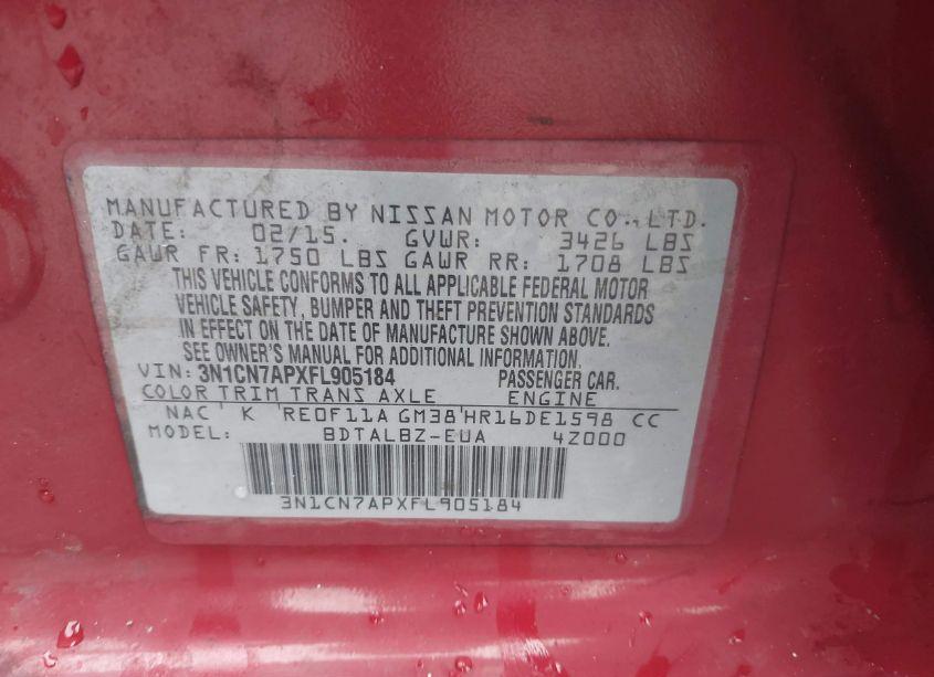 Photo 9 of 2015 Nissan Versa 1.6 SV (VIN 3N1CN7APXFL905184)