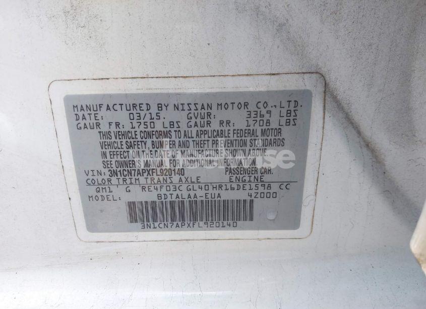 Photo 9 of 2015 Nissan Versa 1.6 S (VIN 3N1CN7APXFL920140)