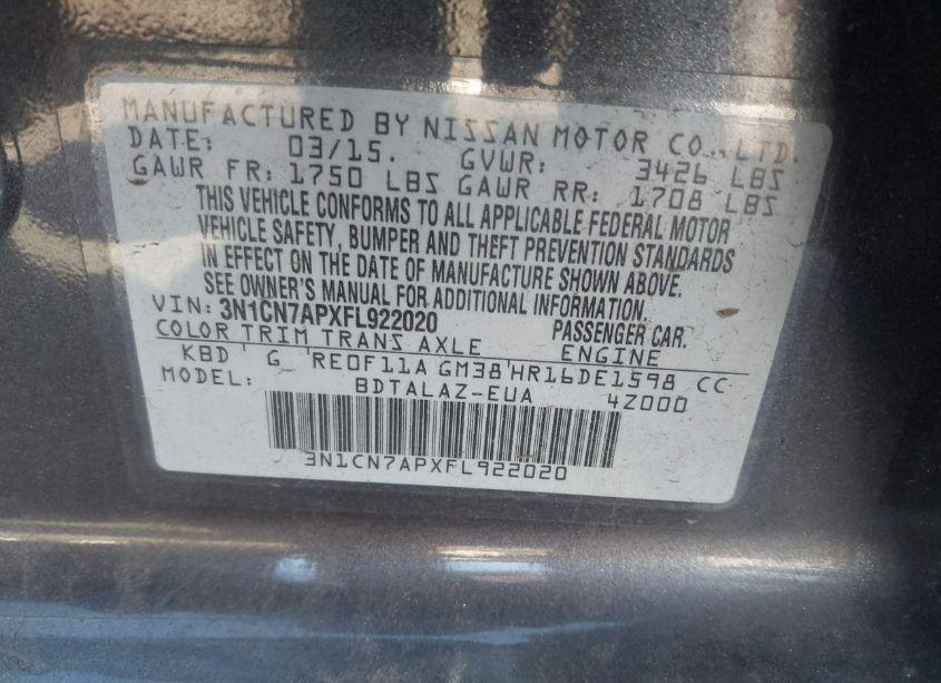 Photo 9 of 2015 Nissan Versa S/S PLUS/SV/SL (VIN 3N1CN7APXFL922020)