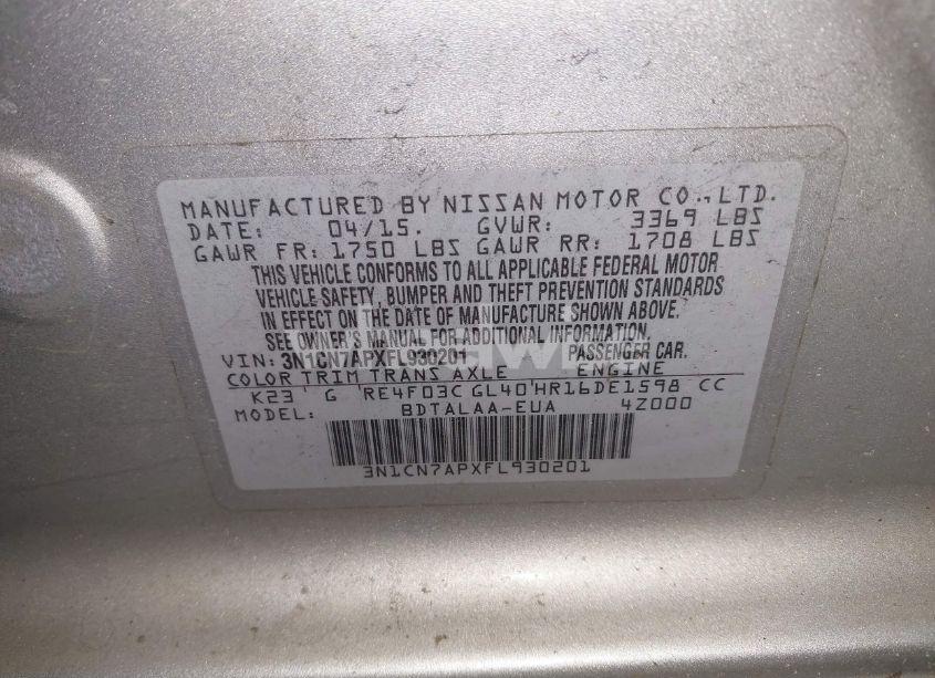 Photo 9 of 2015 Nissan Versa 1.6 S (VIN 3N1CN7APXFL930201)