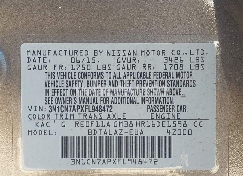 Photo 9 of 2015 Nissan Versa 1.6 S+ (VIN 3N1CN7APXFL948472)