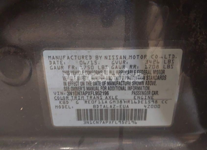 Photo 9 of 2015 Nissan Versa 1.6 S+ (VIN 3N1CN7APXFL952196)