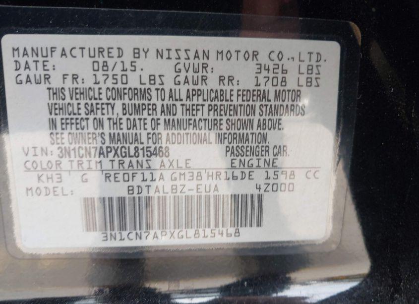 Photo 9 of 2016 Nissan Versa 1.6 S/1.6 S+/1.6 SL/1.6 SV (VIN 3N1CN7APXGL815468)