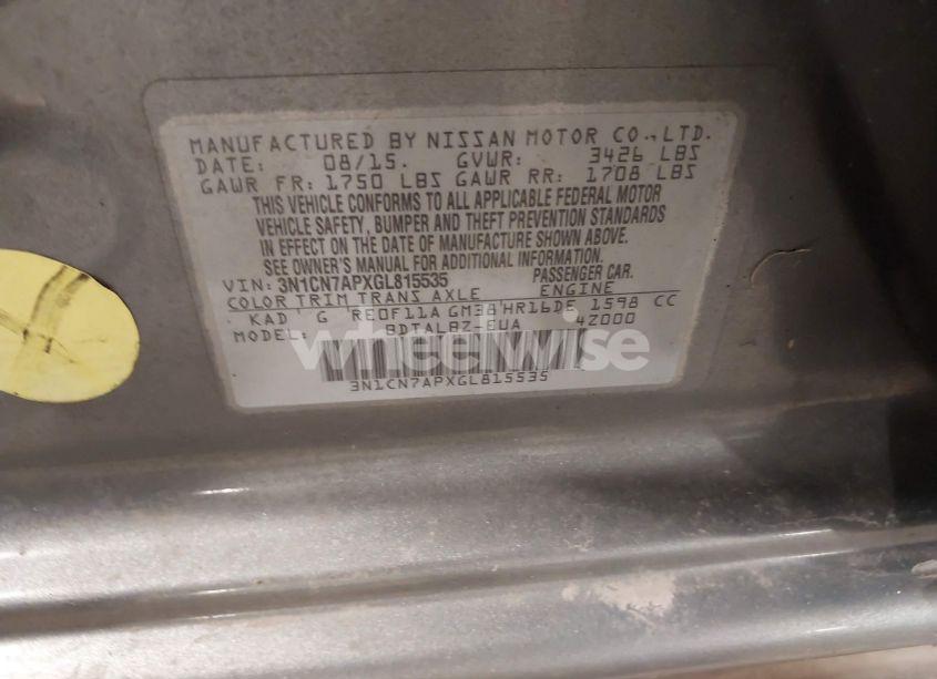 Photo 9 of 2016 Nissan Versa 1.6 S/1.6 S+/1.6 SL/1.6 SV (VIN 3N1CN7APXGL815535)