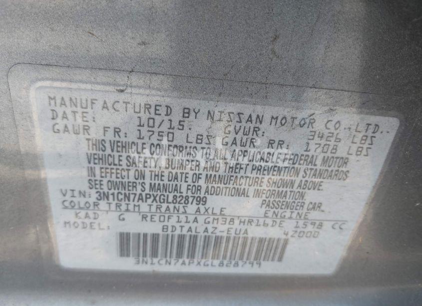 Photo 9 of 2016 Nissan Versa 1.6 S+ (VIN 3N1CN7APXGL828799)