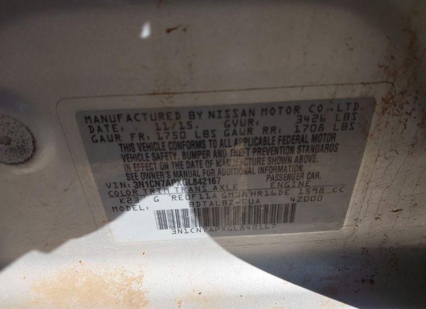 Photo 9 of 2016 Nissan Versa 1.6 S/1.6 S+/1.6 SL/1.6 SV (VIN 3N1CN7APXGL842167)