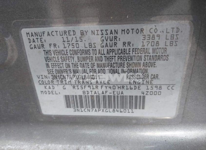 Photo 9 of 2016 Nissan Versa 1.6 S (VIN 3N1CN7APXGL846011)