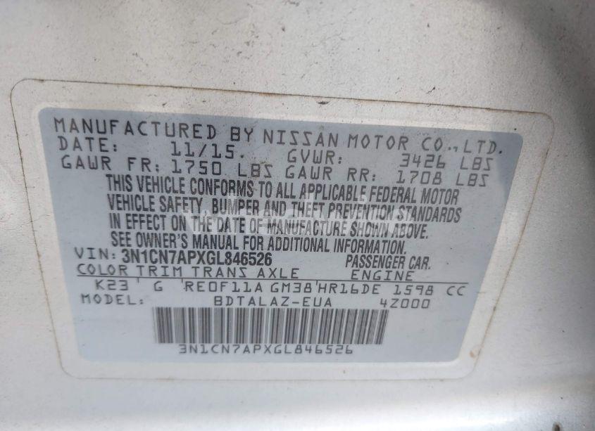 Photo 9 of 2016 Nissan Versa 1.6 S+ (VIN 3N1CN7APXGL846526)