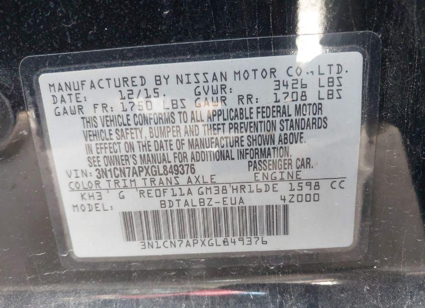 Photo 9 of 2016 Nissan Versa 1.6 SV (VIN 3N1CN7APXGL849376)