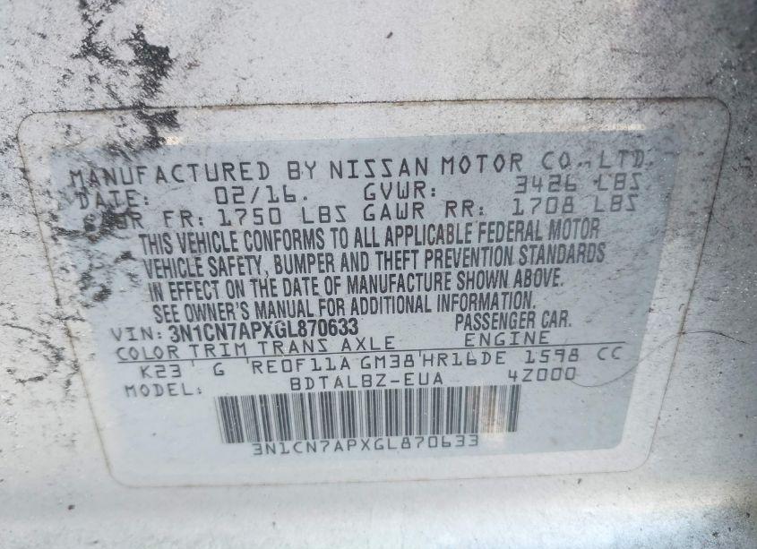 Photo 9 of 2016 Nissan Versa 1.6 SV (VIN 3N1CN7APXGL870633)