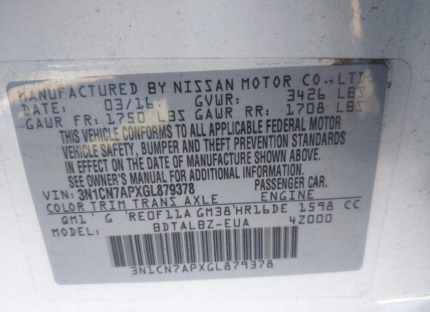 Photo 9 of 2016 Nissan Versa 1.6 S/1.6 S+/1.6 SL/1.6 SV (VIN 3N1CN7APXGL879378)