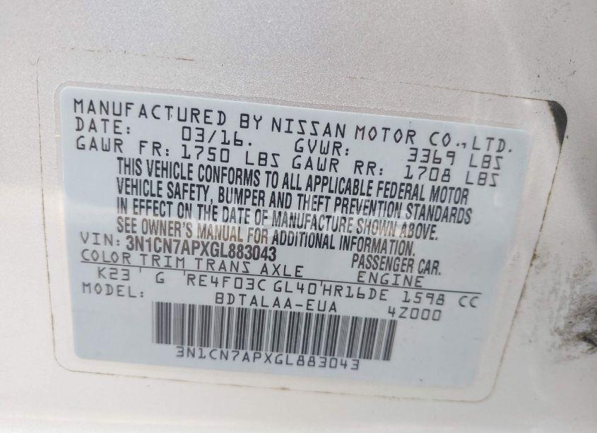 Photo 9 of 2016 Nissan Versa 1.6 S (VIN 3N1CN7APXGL883043)