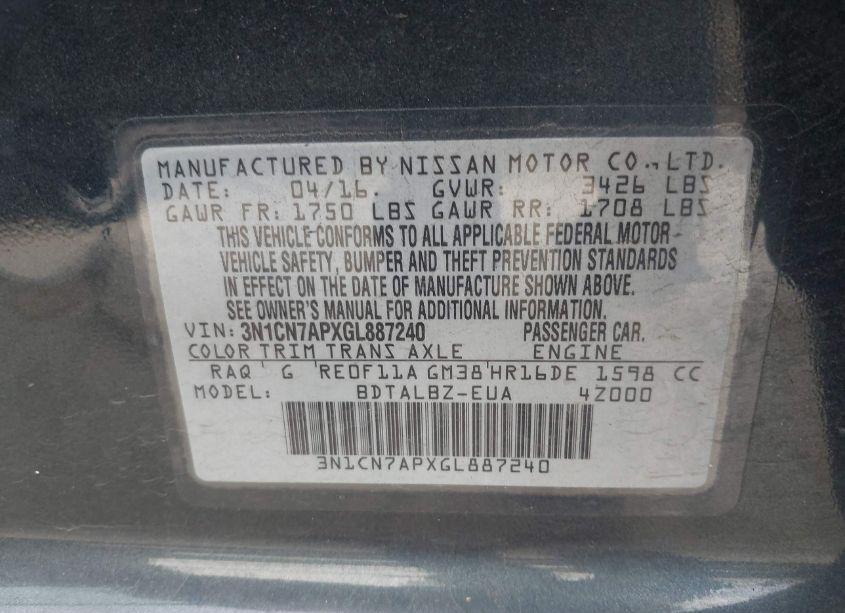 Photo 9 of 2016 Nissan Versa 1.6 S/1.6 S+/1.6 SL/1.6 SV (VIN 3N1CN7APXGL887240)