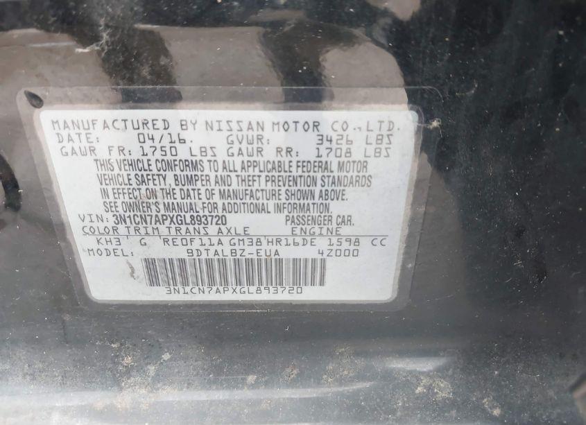 Photo 9 of 2016 Nissan Versa 1.6 SV (VIN 3N1CN7APXGL893720)