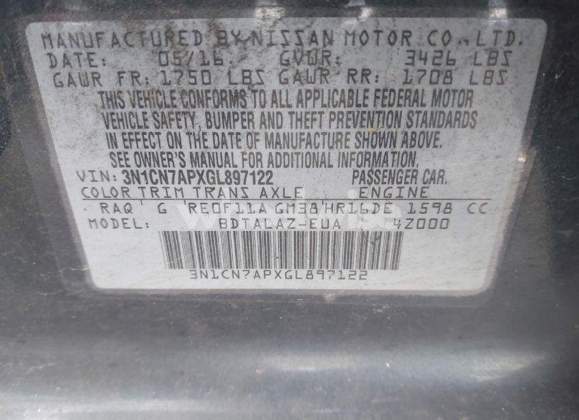 Photo 9 of 2016 Nissan Versa 1.6 S+ (VIN 3N1CN7APXGL897122)