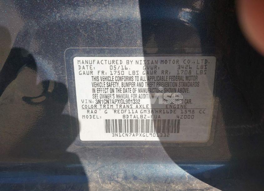 Photo 9 of 2016 Nissan Versa 1.6 SV (VIN 3N1CN7APXGL901332)