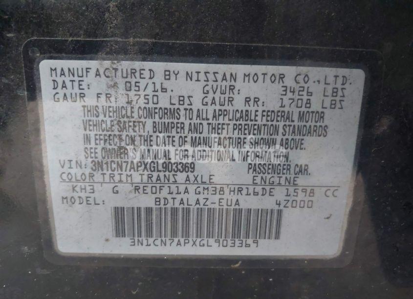 Photo 9 of 2016 Nissan Versa 1.6 S+ (VIN 3N1CN7APXGL903369)