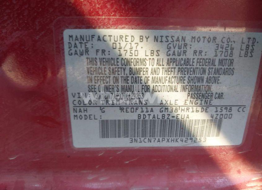 Photo 9 of 2017 Nissan Versa 1.6 SV (VIN 3N1CN7APXHK429253)