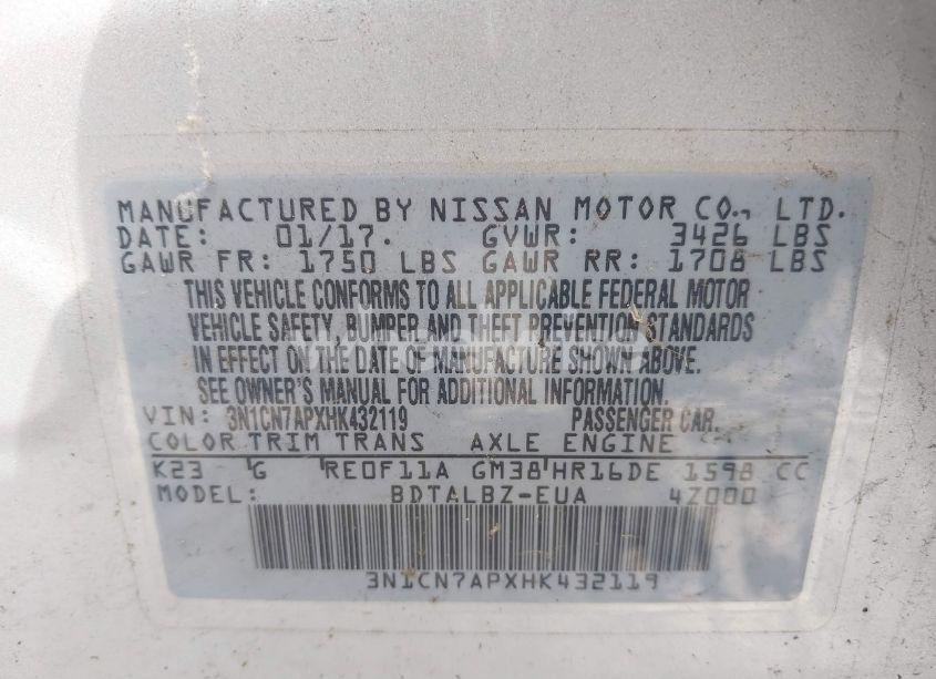 Photo 9 of 2017 Nissan Versa 1.6 SV (VIN 3N1CN7APXHK432119)