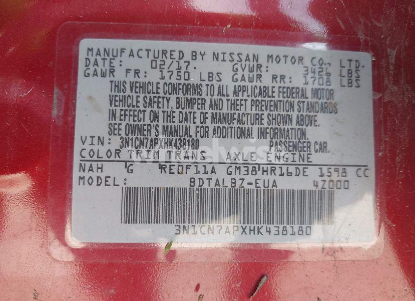 Photo 9 of 2017 Nissan Versa 1.6 SV (VIN 3N1CN7APXHK438180)