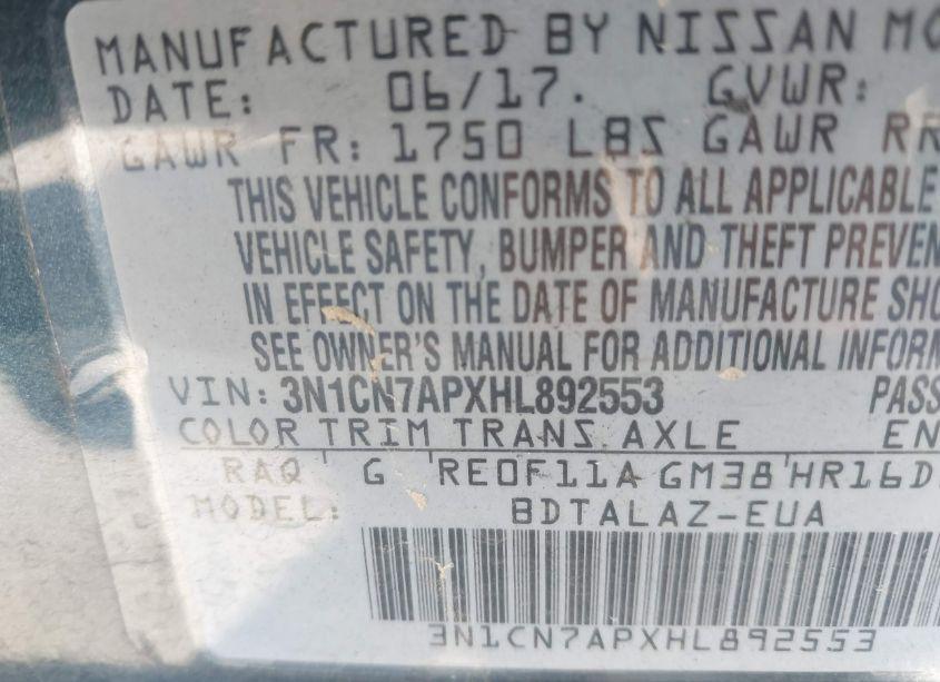 Photo 9 of 2017 Nissan Versa 1.6 S+ (VIN 3N1CN7APXHL892553)