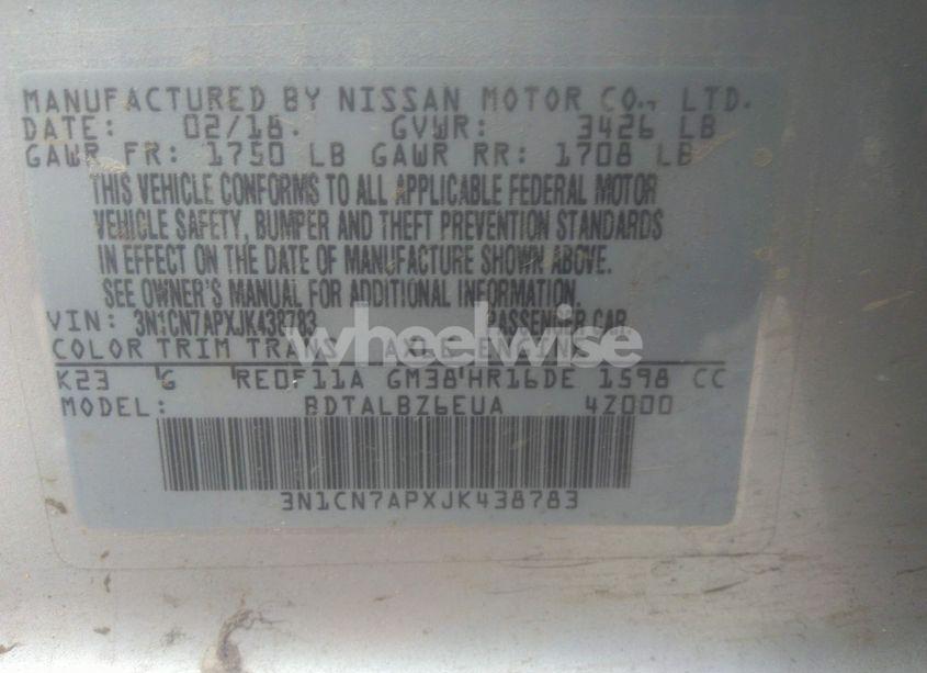 Photo 9 of 2018 Nissan Versa 1.6 SV (VIN 3N1CN7APXJK438783)