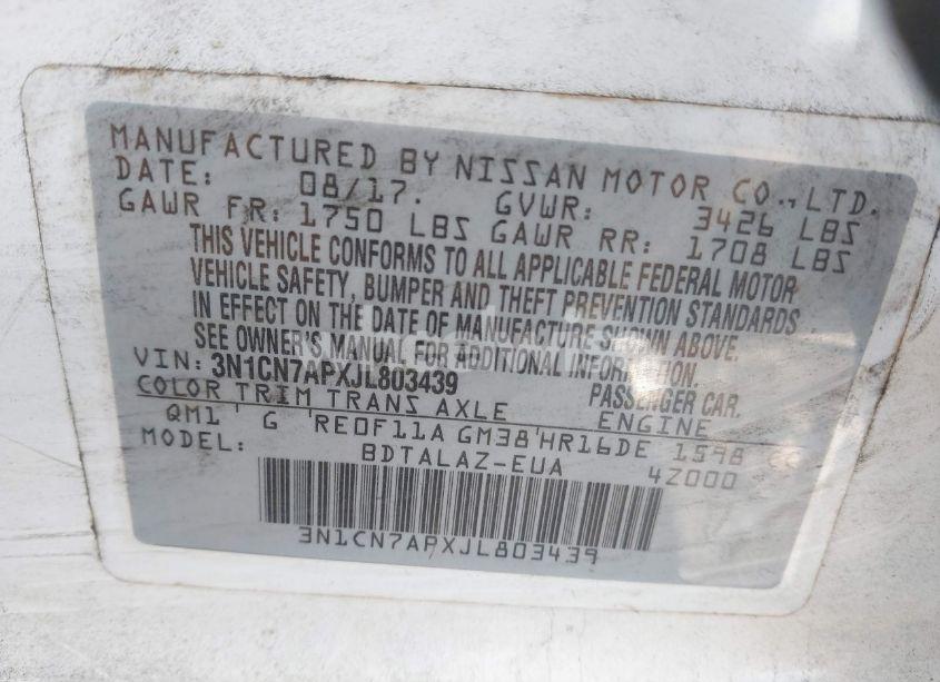 Photo 9 of 2018 Nissan Versa 1.6 S+ (VIN 3N1CN7APXJL803439)