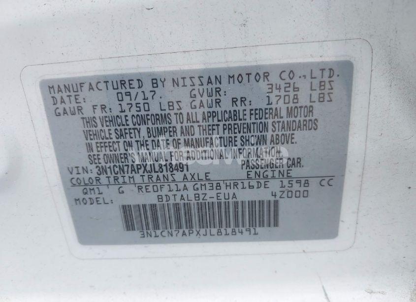 Photo 9 of 2018 Nissan Versa 1.6 SV (VIN 3N1CN7APXJL818491)