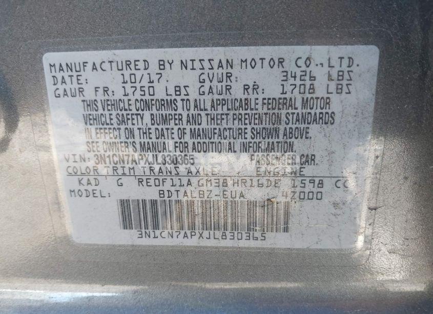 Photo 9 of 2018 Nissan Versa 1.6 SV (VIN 3N1CN7APXJL830365)