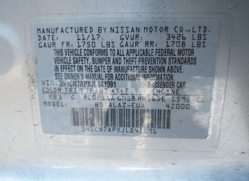 Photo 9 of 2018 Nissan Versa 1.6 S+ (VIN 3N1CN7APXJL841091)