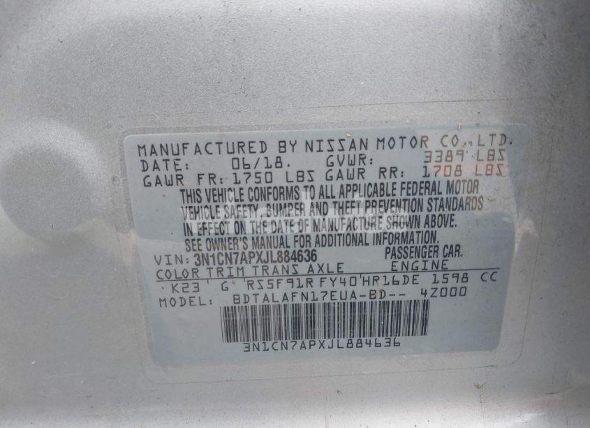 Photo 9 of 2018 Nissan Versa 1.6 S (VIN 3N1CN7APXJL884636)