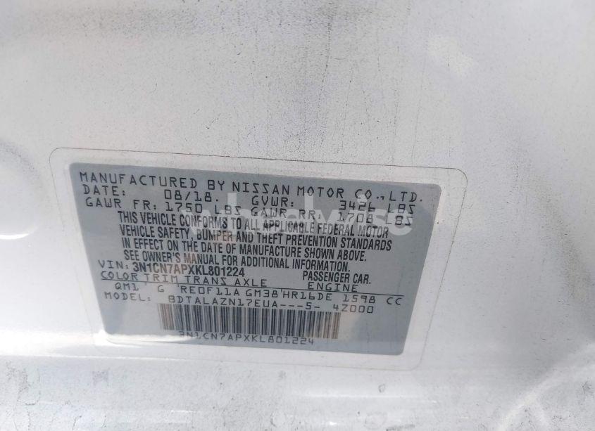 Photo 9 of 2019 Nissan Versa 1.6 S+ (VIN 3N1CN7APXKL801224)