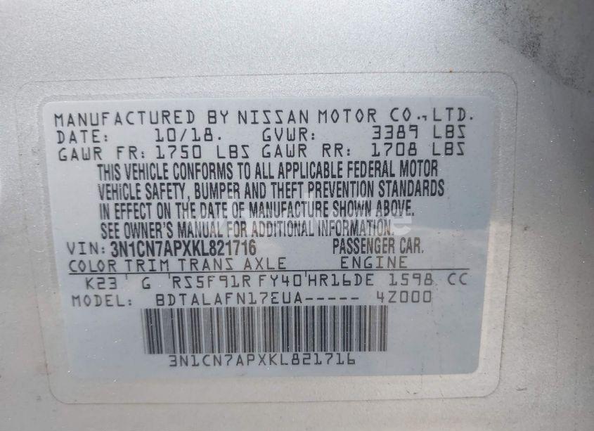 Photo 9 of 2019 Nissan Versa 1.6 S (VIN 3N1CN7APXKL821716)