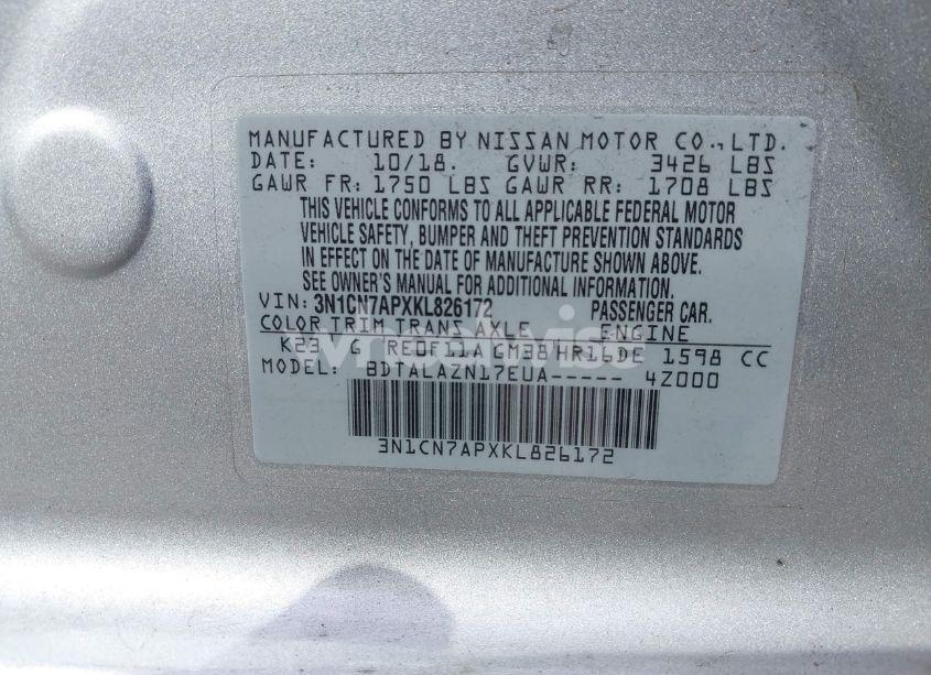 Photo 9 of 2019 Nissan Versa 1.6 S+ (VIN 3N1CN7APXKL826172)