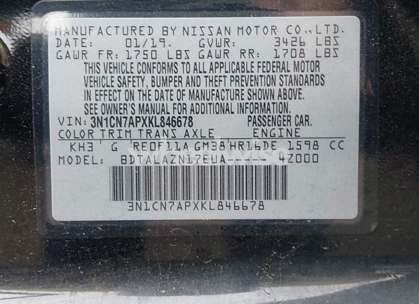 Photo 9 of 2019 Nissan Versa 1.6 S+ (VIN 3N1CN7APXKL846678)