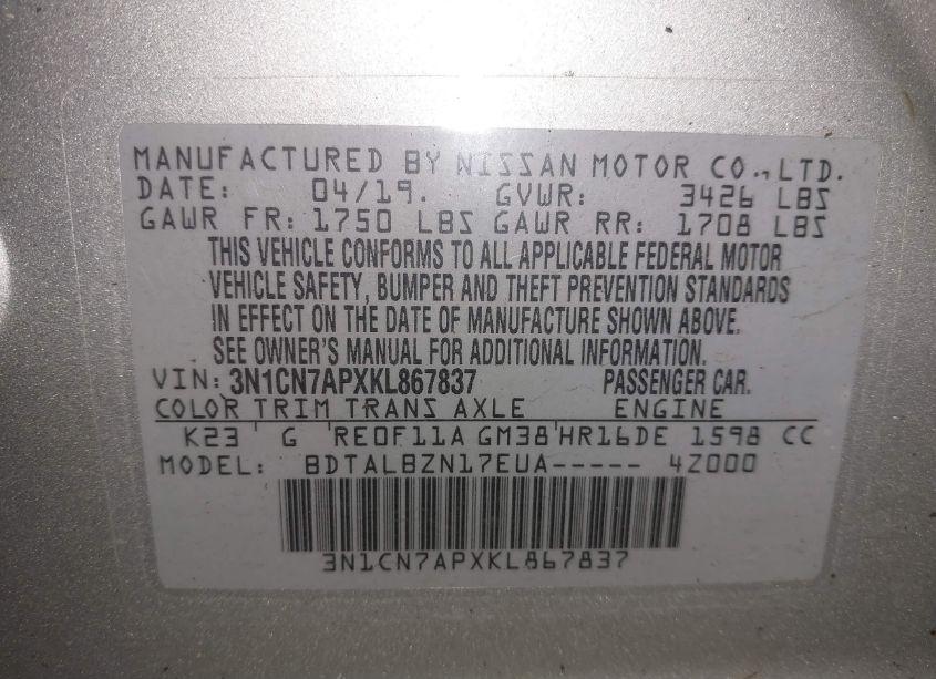 Photo 9 of 2019 Nissan Versa 1.6 SV (VIN 3N1CN7APXKL867837)