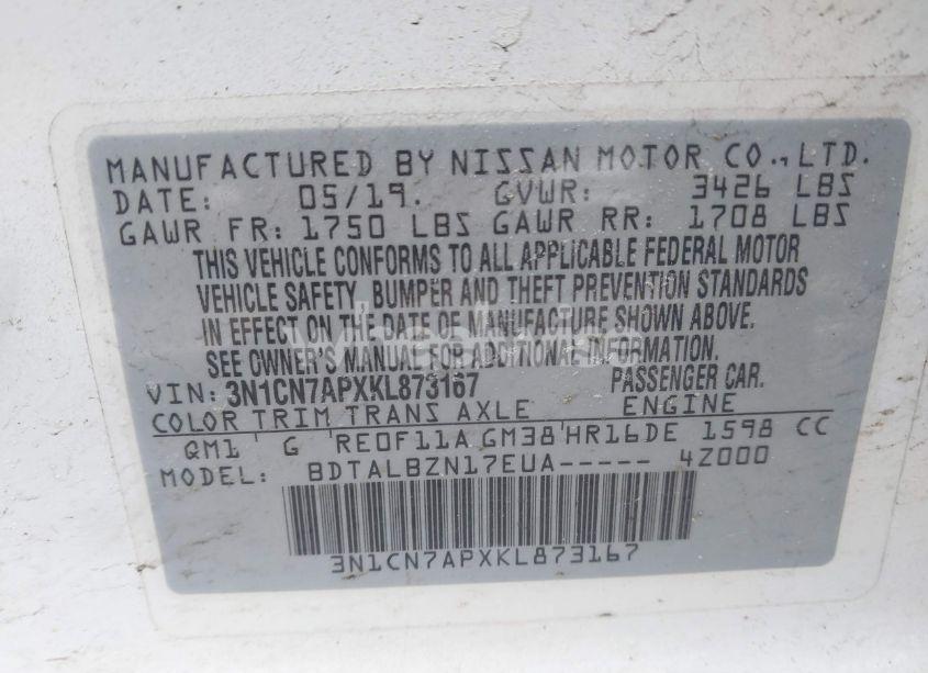 Photo 9 of 2019 Nissan Versa 1.6 SV (VIN 3N1CN7APXKL873167)