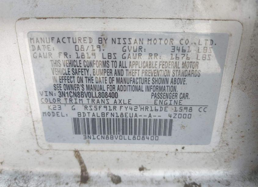 Photo 9 of 2020 Nissan Versa S 5-SPEED MANUAL TRANSMISSION (VIN 3N1CN8BV0LL808400)