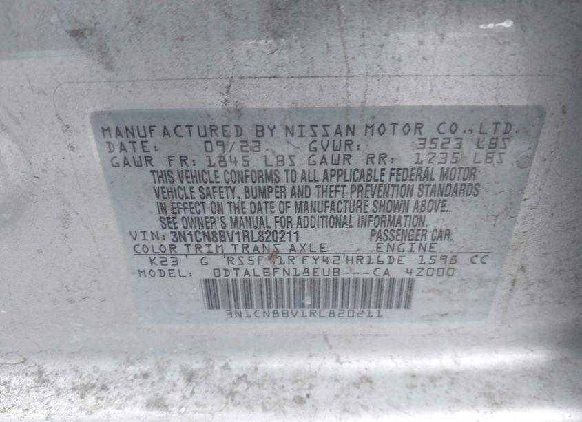 Photo 9 of 2024 Nissan Versa 1.6 S (VIN 3N1CN8BV1RL820211)