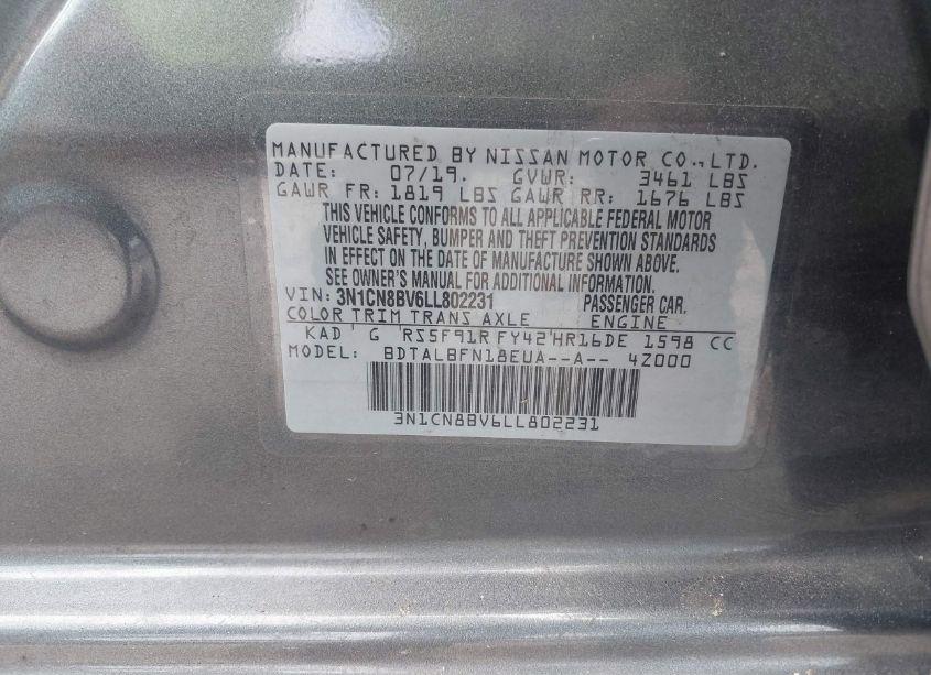 Photo 9 of 2020 Nissan Versa S 5-SPEED MANUAL TRANSMISSION (VIN 3N1CN8BV6LL802231)