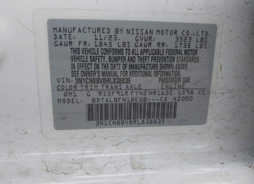 Photo 9 of 2024 Nissan Versa 1.6 S (VIN 3N1CN8BV8RL838835)