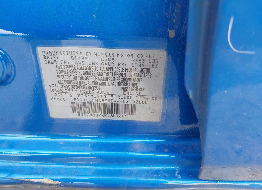 Photo 9 of 2024 Nissan Versa 1.6 S (VIN 3N1CN8BVXRL861209)