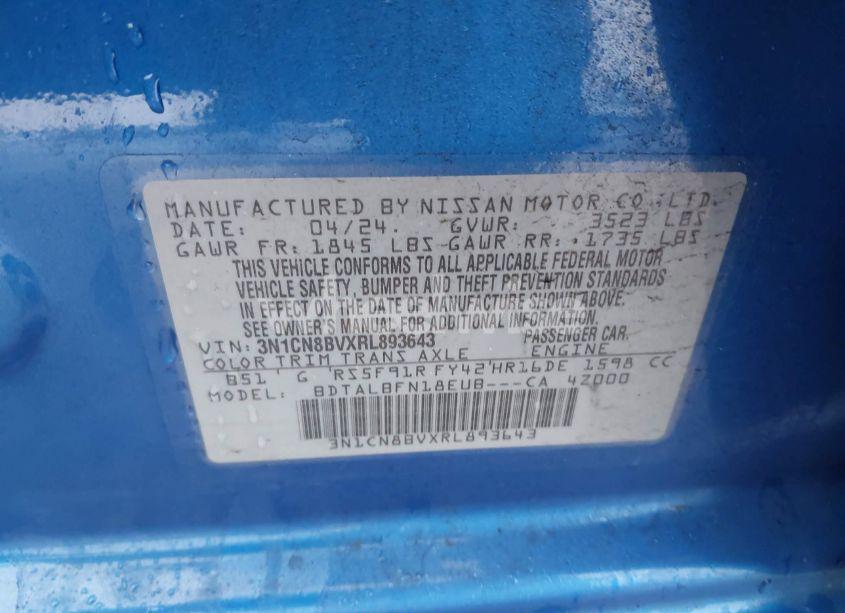 Photo 9 of 2024 Nissan Versa 1.6 S (VIN 3N1CN8BVXRL893643)