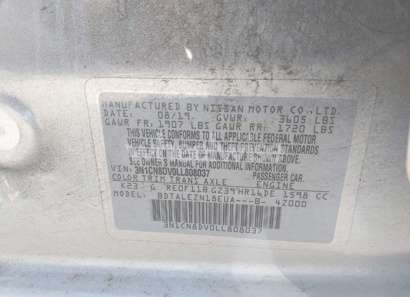 Photo 9 of 2020 Nissan Versa S XTRONIC CVT (VIN 3N1CN8DV0LL808037)