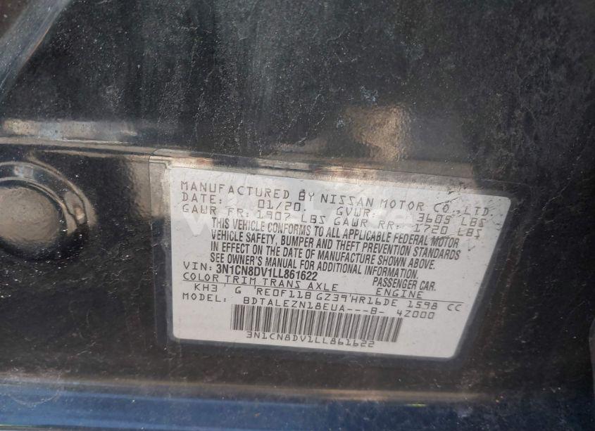 Photo 9 of 2020 Nissan Versa S XTRONIC CVT (VIN 3N1CN8DV1LL861622)