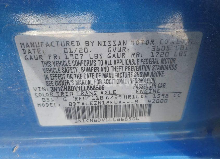 Photo 9 of 2020 Nissan Versa S XTRONIC CVT (VIN 3N1CN8DV1LL868506)