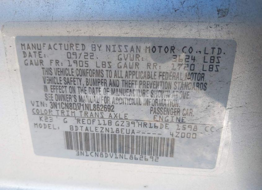 Photo 9 of 2022 Nissan Versa (VIN 3N1CN8DV1NL862692)